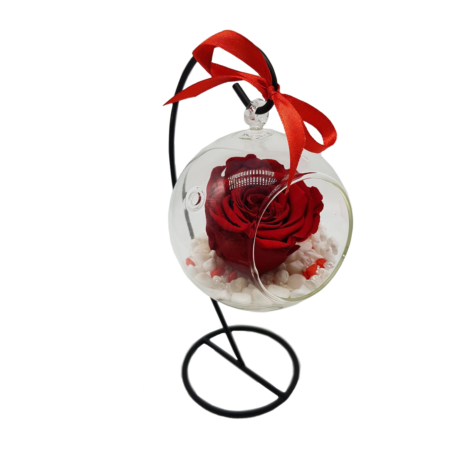 Glob de sticla pe suport metalic, cu trandafir criogenat rosu, Crioflora - Crioflora Aranjamente Florale - Aranjamente Suceava Trandafiri criogenati, stabilizati, licheni, ornamente naturale